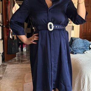 Elegant Navy Blue Long Sleeve Dress with Belt